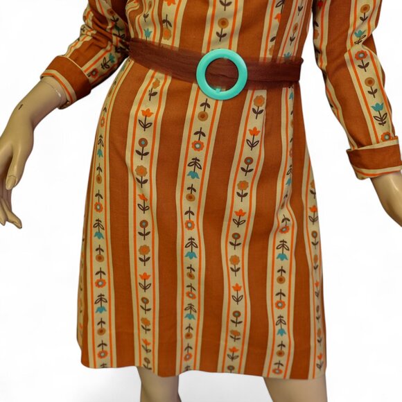 Vintage 1960s Mod Dress – Rust Orange Floral Stripe - Small - Picture 3 of 10